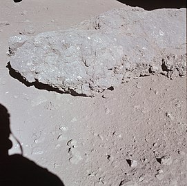 Boulder of impact melt breccia photographed and sampled at Spur crater. Sample 15445 is believed to be a fragment of the boulder.