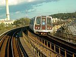 Blue Line train on the D Route bridge, near the Blue and Orange Line's eastern split in 2005