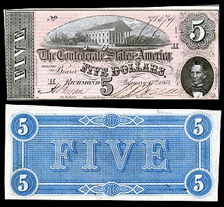 $5 (T69) Virginia State Capitol, C.G. Memminger Keatinge & Ball (Columbia, S.C.) (~5,526,100 issued)
