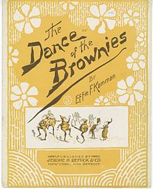 Sheet music for Kamman's "The Dance of the Brownies" (1893), published by Jerome H. Remick & Co.; cover has an orange background, with an image of dancing brownies.