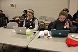 Editing Wikipedia articles during the Cornell University 2017 Art + Feminism Wikipedia edit-a-thon. Olin Library, March 11, 2017.