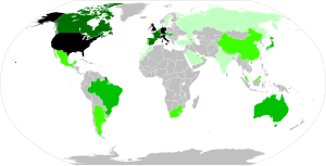 A map of the world showing countries that have held a Grand Prix in varying colours from airy green to black.