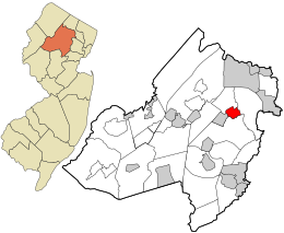 Location of Boonton in Morris County highlighted in red (right). Inset map: Location of Morris County in New Jersey highlighted in orange (left).