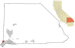Location of Upland in San Bernardino County, California (left) and of San Bernardino County in California (right)