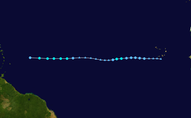 The track of a tropical storm over the eastern and central Atlantic. The path is nearly a straight line from east to west, starting near the Cape Verde Islands and ending near the Lesser Antilles.