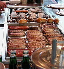 A variety of Bratwürste on a stand at the Hauptmarkt in Nuremberg, Bavaria, Germany