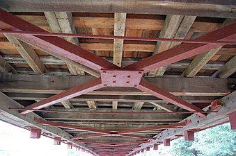 The underside of the Jackson's Sawmill Covered Bridge showing the reinforced steel bracing