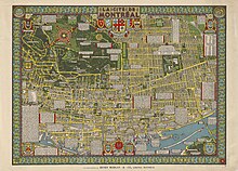 Colourful and intricate hand-drawn map of Montreal, with drawings of individual buildings and informative text