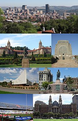 从左上角顺时针方向：中央商务区的天际线、先民纪念堂、教堂广场（英语：Church Square, Pretoria）、正义宫（英语：Palace of Justice, Pretoria）、洛夫托斯球场、比勒陀利亚大学和联合大厦（英语：Union Buildings）。