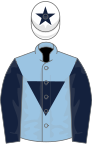 Light blue, dark blue inverted triangle and sleeves, white cap, dark blue star