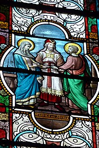 Stained glass depicting of marriage of Mary and Joseph
