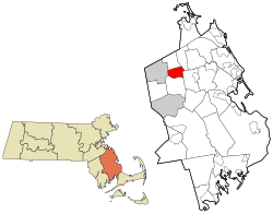 惠特曼在普利茅斯县及马萨诸塞州的位置（以红色标示）