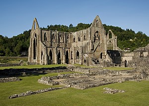 The ruins of an abbey with the abbey church in the centre ground and a wooded hill behind