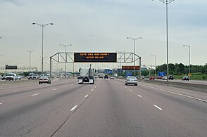 Highway 401 with collector and express lanes in Mississauga, Ontario, Canada
