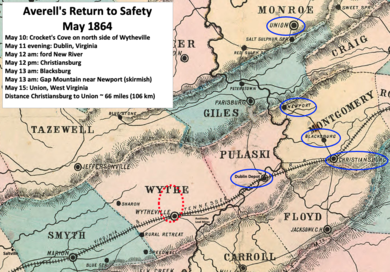 map showing Averell's route from north of Wytheville to Dublin Depot, Christiansburg, Blacksburg, gap Mountain, and finally to Union, West Virginia
