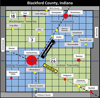 Rectangular map of an Indiana county is almost square. One railroad crosses the southern portion of the county mostly east-west, while the other railroad crosses mostly north-south. The two rail lines intersect in the county seat, Hartford City.