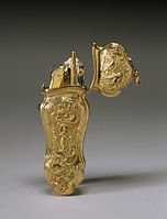 English, c. 1750, Etui or Toilet Case in gold with Scenes from the "Metamorphoses", "contains a silver-and-gold folding knife, a pair of scissors, a gold bodkin and pencil, a pair of steel tweezers, and an ivory writing tablet".