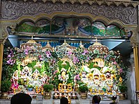 Deities of Sri Sri Radha Madhava, Jagannath, Balarama, Subhadra and Chaitanya Mahaprabhu (in middle), at the ISKCON Durgapur Temple.