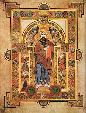 一頁書，描繪了一名手持書本的大鬍子男子和其他四名男子的造型