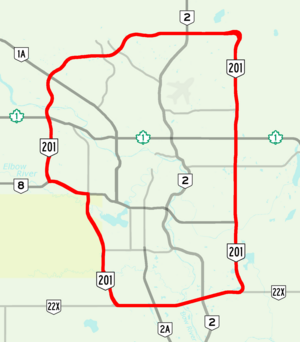 Stoney Trail encircles the northern, eastern, and southern portions of Calgary, with the west section of the road currently under construction.