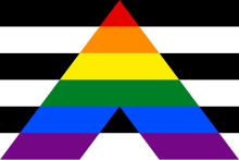 A flag of black and white horizontal stripes, overlaid with an inverted V of the rainbow flag