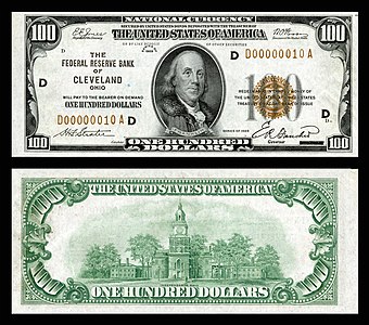 $100 FRBN (1929) depicting Benjamin Franklin. FRB Cleveland.