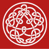 Modern Celtic-inspired design involving a circle surrounding a triangle; between them are undulating and crossing patterns inspired by Celtic traditions. The background is crimson.
