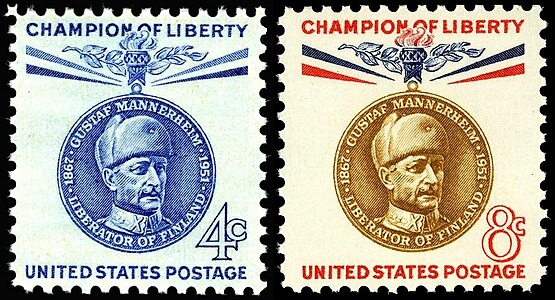Marshal Mannerheim on two United States commemorative stamps, 1960 issue, part of the Champion of Liberty issues.