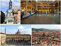 A collage of the city, showing Fontana del Nettuno, Sala Borsa public library, Piazza Maggiore and an aerial view of the city.