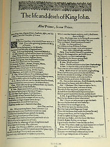 A photograph of the first page of Shakespeare's play "King John", with two columns of text below.