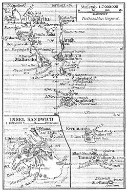 1905年的新赫布里底群岛地图，仍然显示弗朗斯维尔为维拉港的另一个名称。