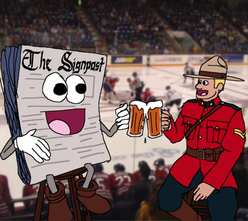 Talking newspaper having a beer with a Mountie at a hockey match.