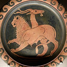 Goat-lion chimera on a red-figure plate, c. 350–340 BC