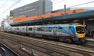 A three-car Class 185 unit in TransPennine Express colours at Doncaster station