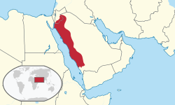 Kingdom of Hejaz (red) within modern-day Saudi Arabia and Jordan