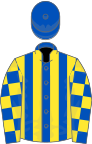 Royal blue and yellow stripes, checked sleeves, royal blue cap