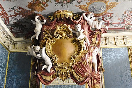 Baroque volutes of a cartouche with putti, above a mirror in the bedchamber of the Mecklenburg Apartment, Charlottenburg Palace, Berlin, unknown architect, 17th century