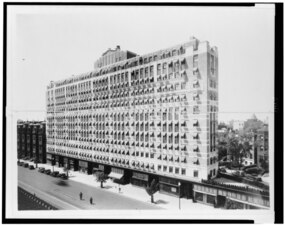 Originally erected as an apartment building, the Dupont Circle Building was designed in the art deco style by Mesrobian in 1931.