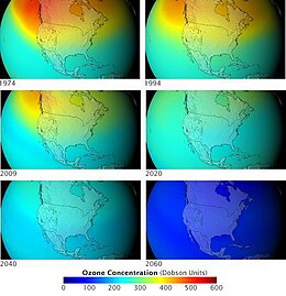 An animation showing colored representation of ozone distribution by year, above North America, through 6 steps. It starts with a lot of ozone especially over Alaska and by 2060 is almost all gone from north to south.