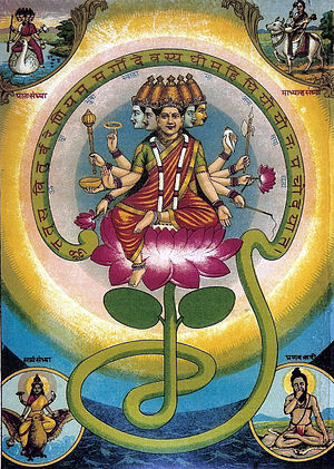 Made by the artist Raja Ravi Varma. Shows the Goddess Gayatri.