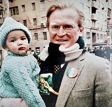 Michael Kennedy with daughter Anna at St. Patrick's day parade as they support hunger striking Irish political prisoners.