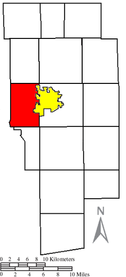 Location of Milton Township (red) adjacent to the city of Ashland (yellow) in Ashland County