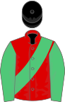 RED, emerald green sash and sleeves, black cap