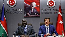Hon. Stephen Dhieu and Turkish Economy Minister Nihiat Zeybekci in Ankara at a signing ceremony for economic cooperation between South Sudan and Turkey in April 2017.