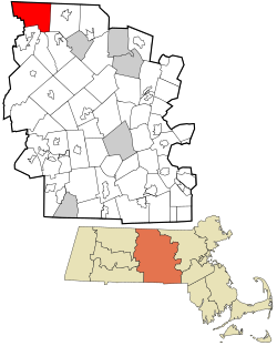 罗亚尔斯顿在伍斯特县及马萨诸塞州的位置（以红色标示）