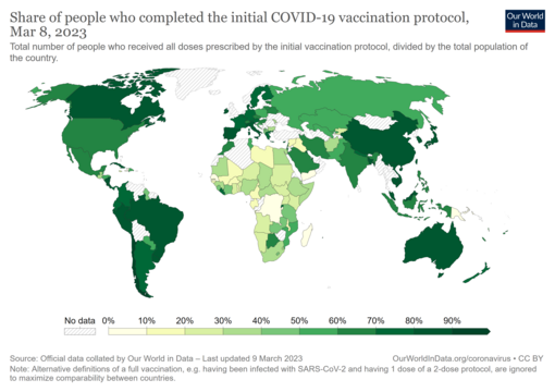 Map showing share of population fully vaccinated against COVID-19 relative to a country's total population[note 1]