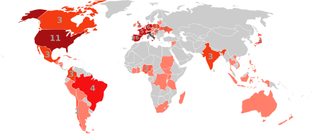 Numbered choropleth world map showing the number of cardinal electors for the 2005 papal conclave from each country
