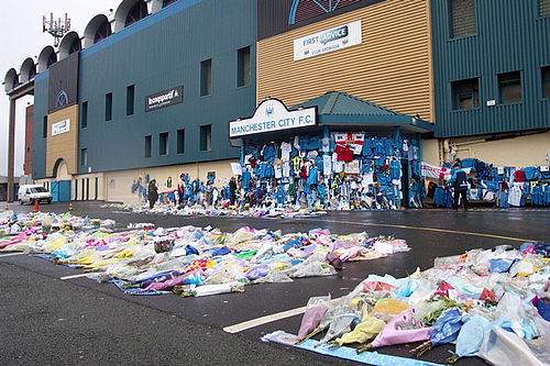 Flowers and tributes left at Maine Road in memory of Marc Vivien Foe