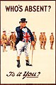 英国一战约1915年的募兵海报，上有拟人化的约翰牛。上书：“谁没参军？是你吗？”