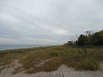 View of Lake Michigan and shore from boardwalk